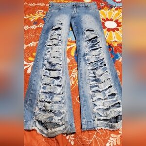 Extreme Distressed Flare Rhinestone Jeans Wide Leg Cutout Blue Finger Size L